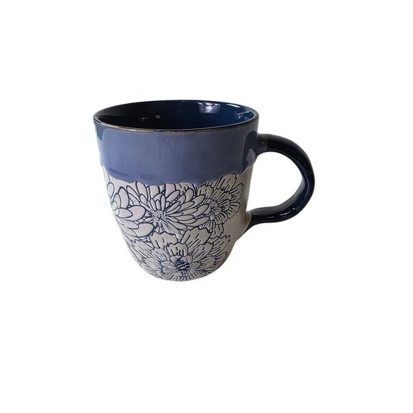 LA ROCHELLE Artisan French Art Deco Denim Blue & Cream Floral Coffee Mug - Picture 1 of 7
